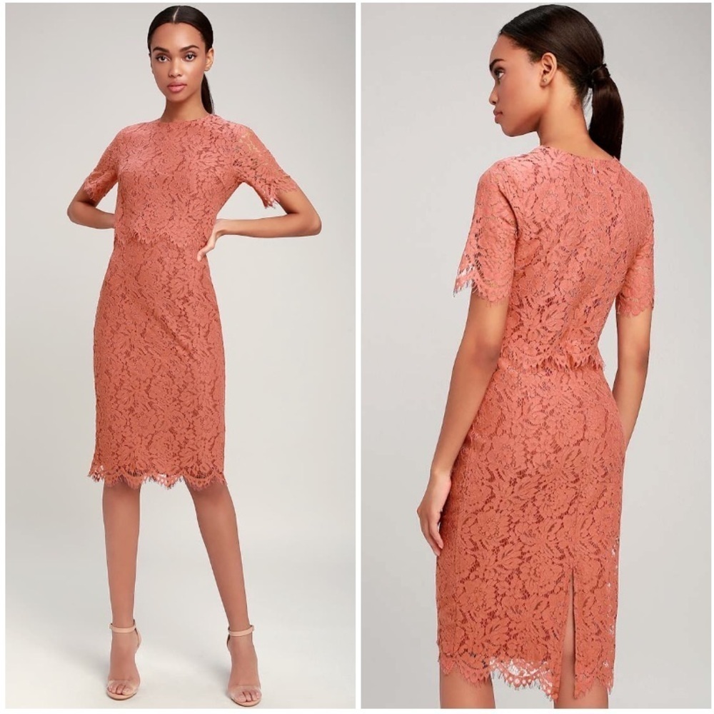 Lulus Devotion Rusty Rose Lace Short Sleeve Midi Dress Size XS NWT New